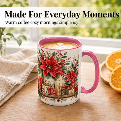 #pl[15oz|Pink] Christmas Poinsettia Coffee Mug, Holiday Floral Mug, Ceramic Cup