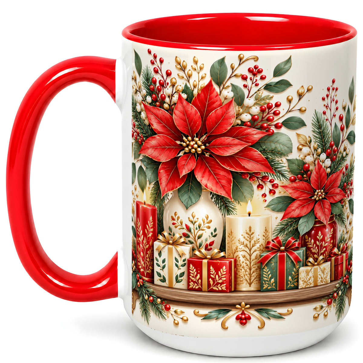 #pl[15oz|Red] Christmas Poinsettia Coffee Mug, Holiday Floral Mug, Ceramic Cup