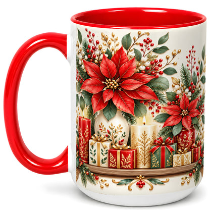 #pl[15oz|Red] Christmas Poinsettia Coffee Mug, Holiday Floral Mug, Ceramic Cup