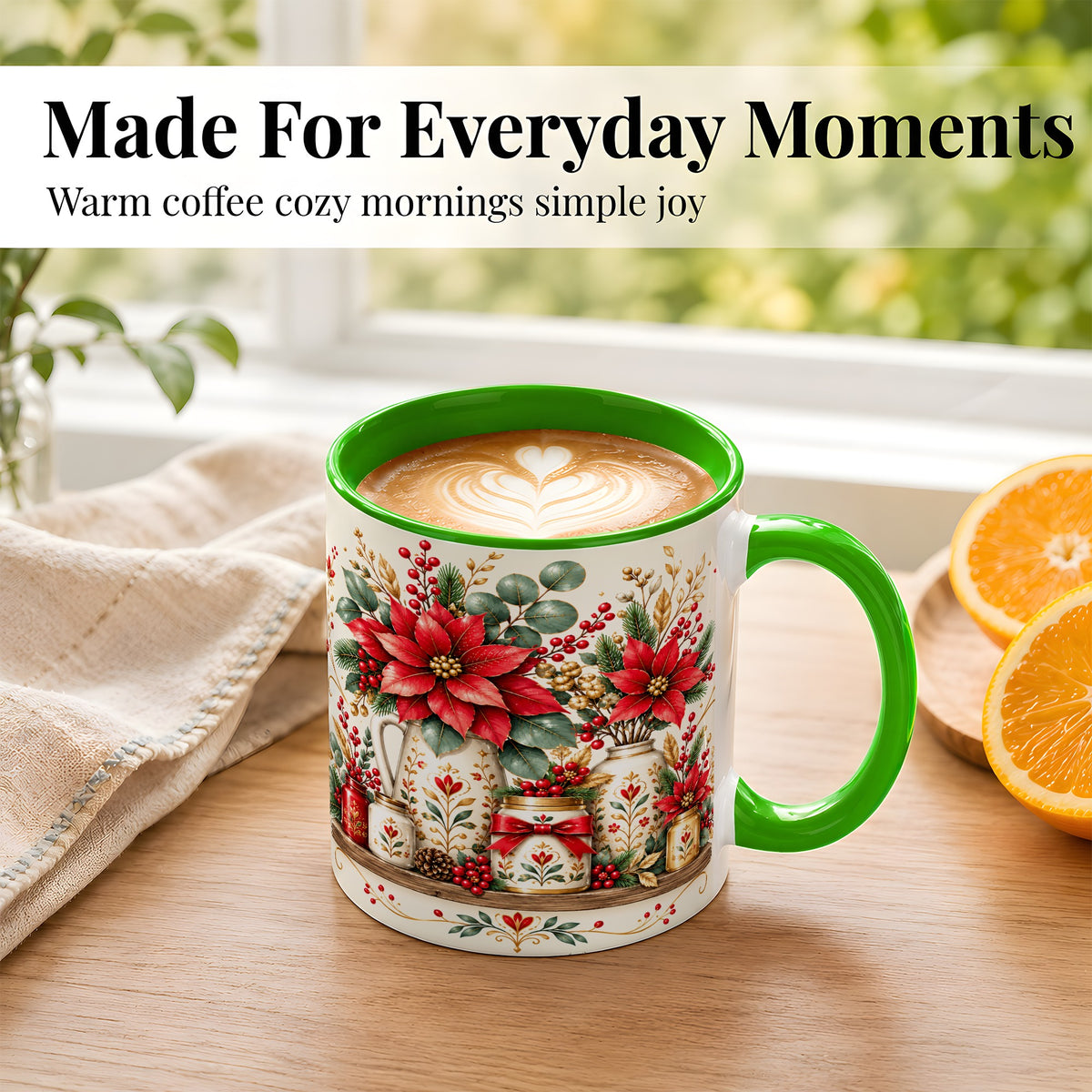 #pl[11oz|Green] Christmas Poinsettia Coffee Mug, Rustic Floral Mug, Ceramic Cup