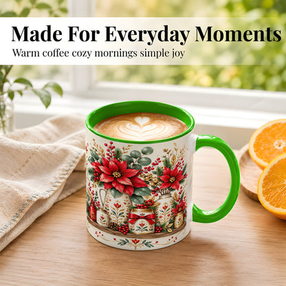 #pl[11oz|Green] Christmas Poinsettia Coffee Mug, Rustic Floral Mug, Ceramic Cup