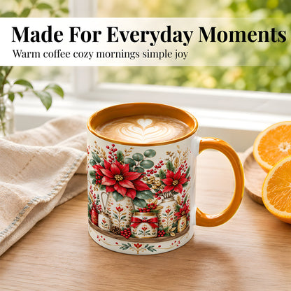 #pl[11oz|Orange] Christmas Poinsettia Coffee Mug, Rustic Floral Mug, Ceramic Cup