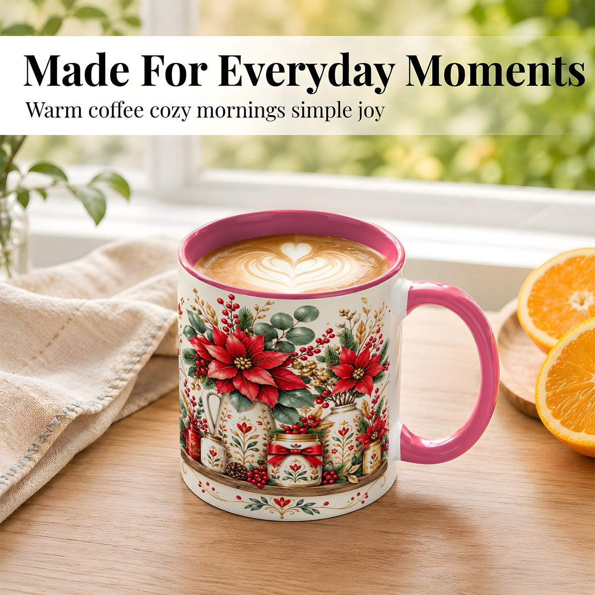#pl[11oz|Pink] Christmas Poinsettia Coffee Mug, Rustic Floral Mug, Ceramic Cup