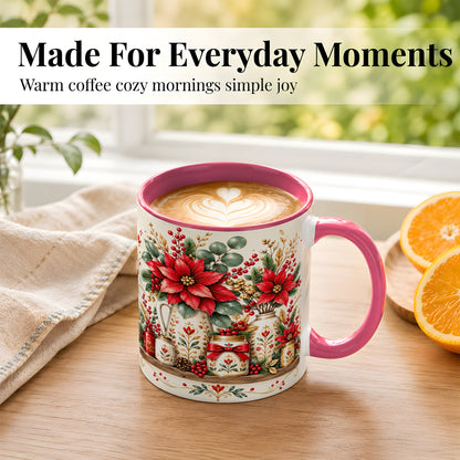 #pl[11oz|Pink] Christmas Poinsettia Coffee Mug, Rustic Floral Mug, Ceramic Cup