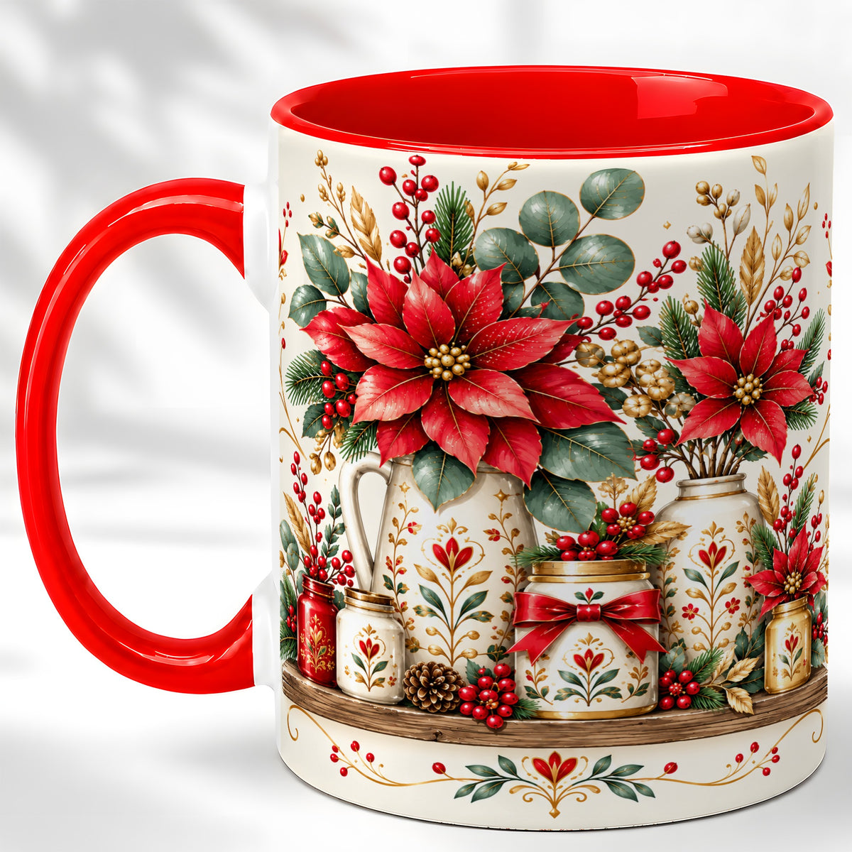 Christmas Poinsettia Coffee Mug, Rustic Floral Mug, Ceramic Cup