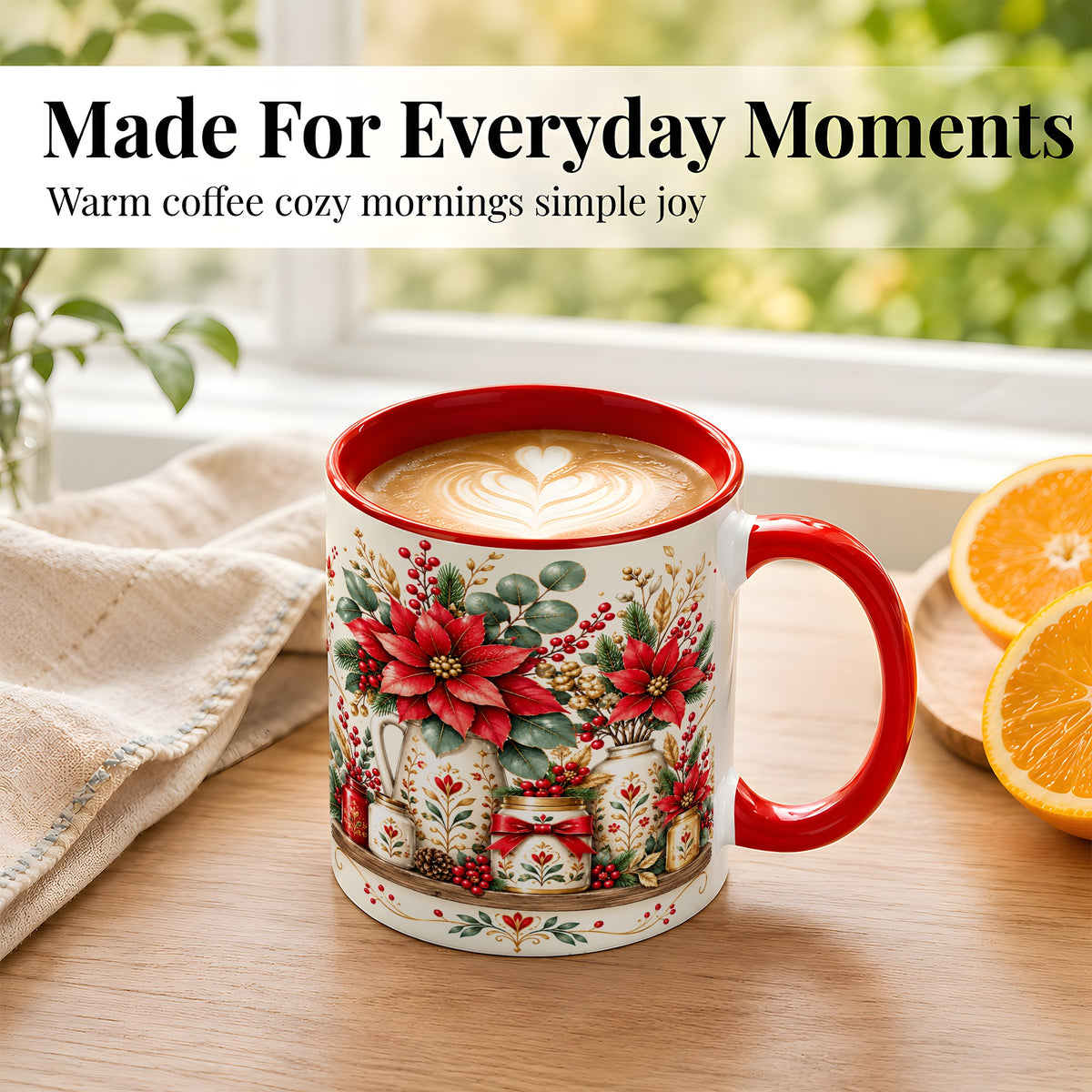 #pl[11oz|Red] Christmas Poinsettia Coffee Mug, Rustic Floral Mug, Ceramic Cup