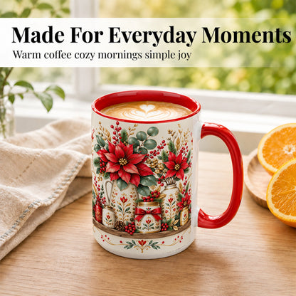 #pl[15oz|Red] Christmas Poinsettia Coffee Mug, Rustic Floral Mug, Ceramic Cup