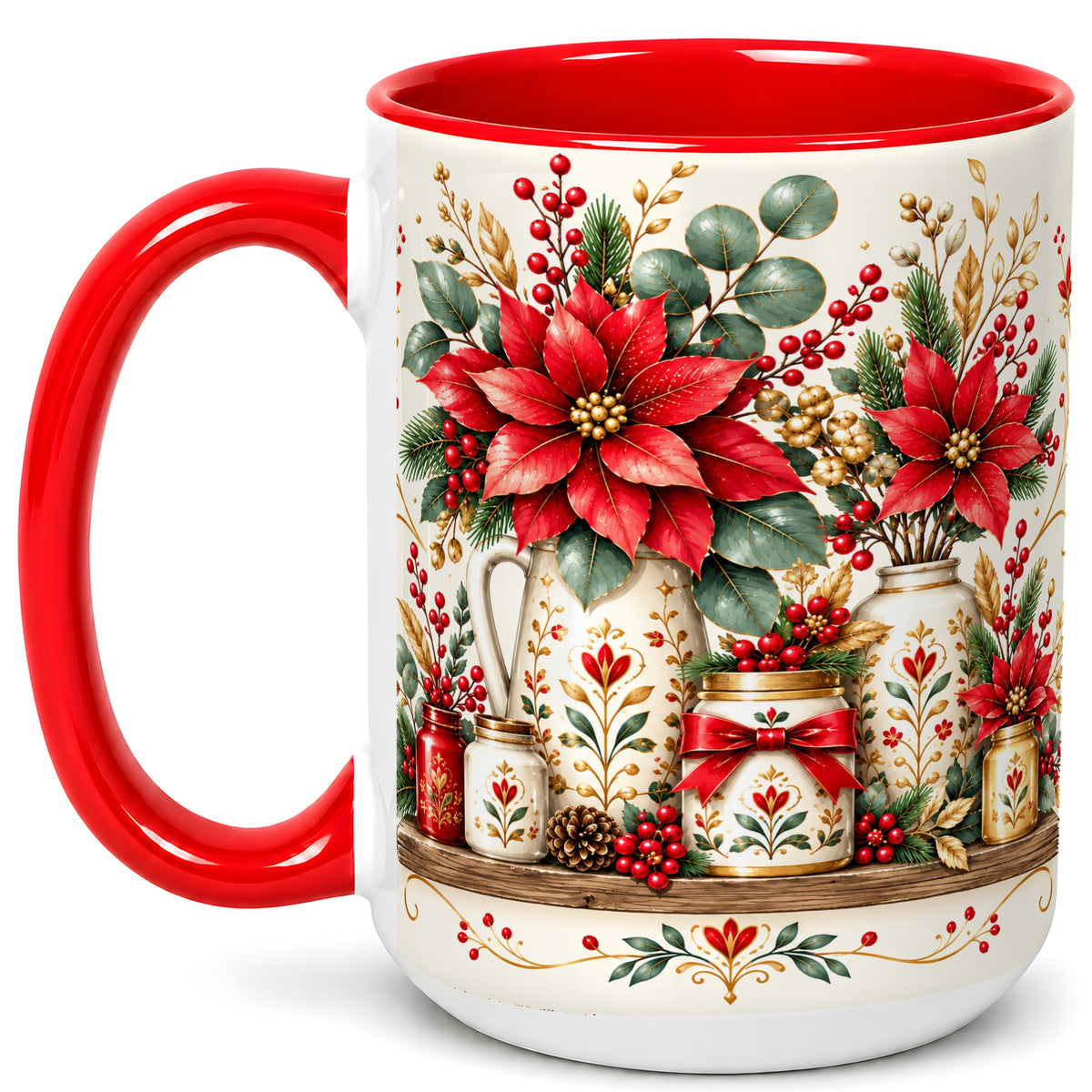 #pl[15oz|Red] Christmas Poinsettia Coffee Mug, Rustic Floral Mug, Ceramic Cup