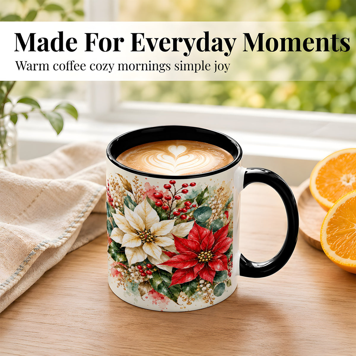 #pl[11oz|Black] Christmas Poinsettia Coffee Mug, Watercolor Floral Mug, Ceramic Cup