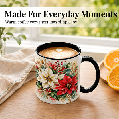 #pl[11oz|Black] Christmas Poinsettia Coffee Mug, Watercolor Floral Mug, Ceramic Cup