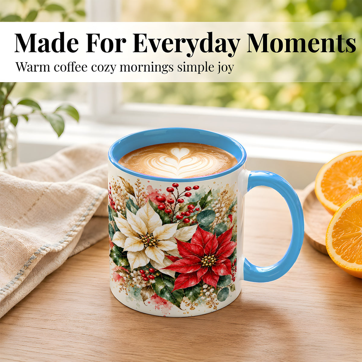 #pl[11oz|Blue] Christmas Poinsettia Coffee Mug, Watercolor Floral Mug, Ceramic Cup