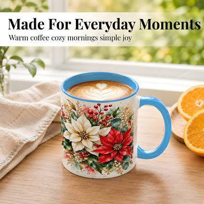 #pl[11oz|Blue] Christmas Poinsettia Coffee Mug, Watercolor Floral Mug, Ceramic Cup