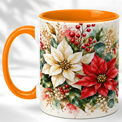 #pl[11oz|Orange] Christmas Poinsettia Coffee Mug, Watercolor Floral Mug, Ceramic Cup