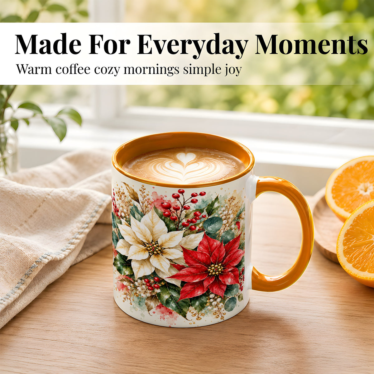 #pl[11oz|Orange] Christmas Poinsettia Coffee Mug, Watercolor Floral Mug, Ceramic Cup