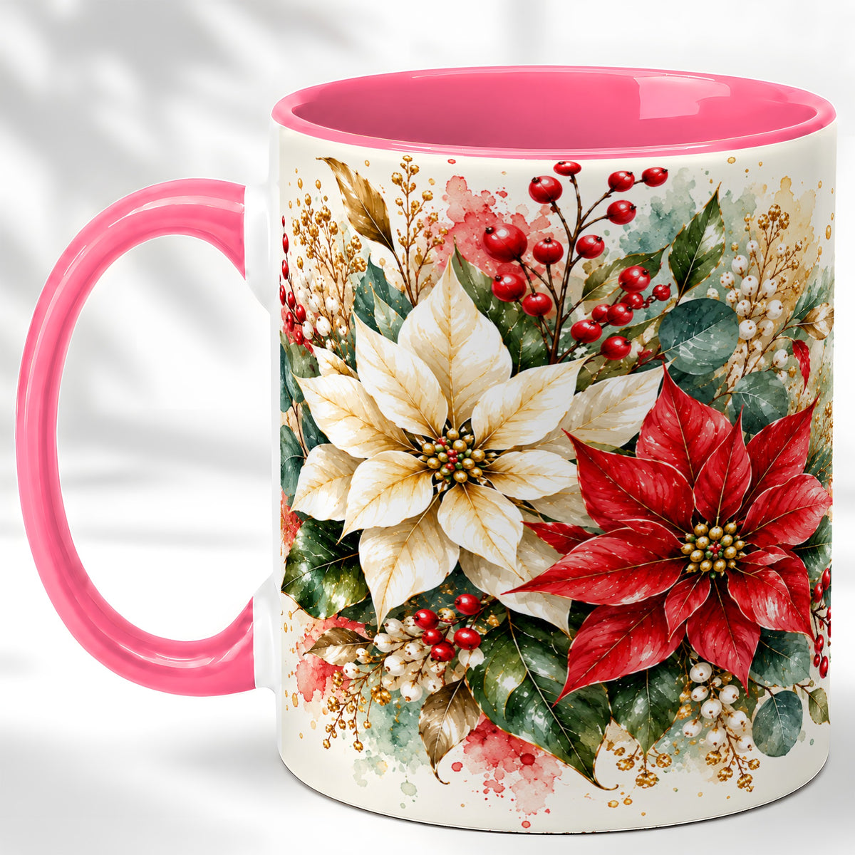 #pl[11oz|Pink] Christmas Poinsettia Coffee Mug, Watercolor Floral Mug, Ceramic Cup