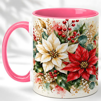 #pl[11oz|Pink] Christmas Poinsettia Coffee Mug, Watercolor Floral Mug, Ceramic Cup