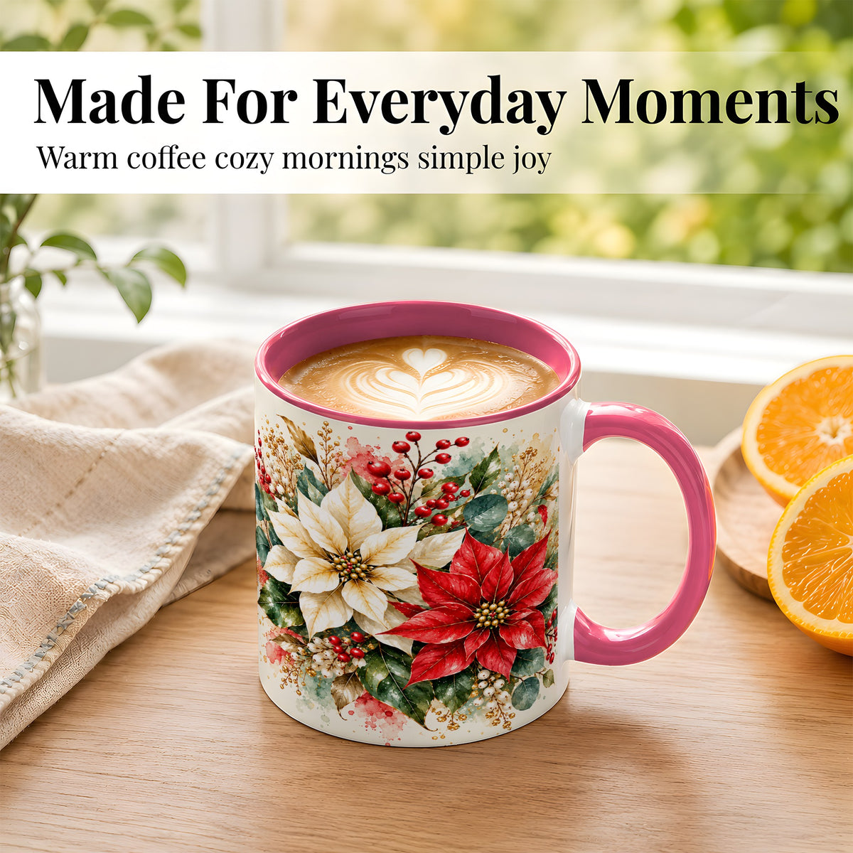 #pl[11oz|Pink] Christmas Poinsettia Coffee Mug, Watercolor Floral Mug, Ceramic Cup