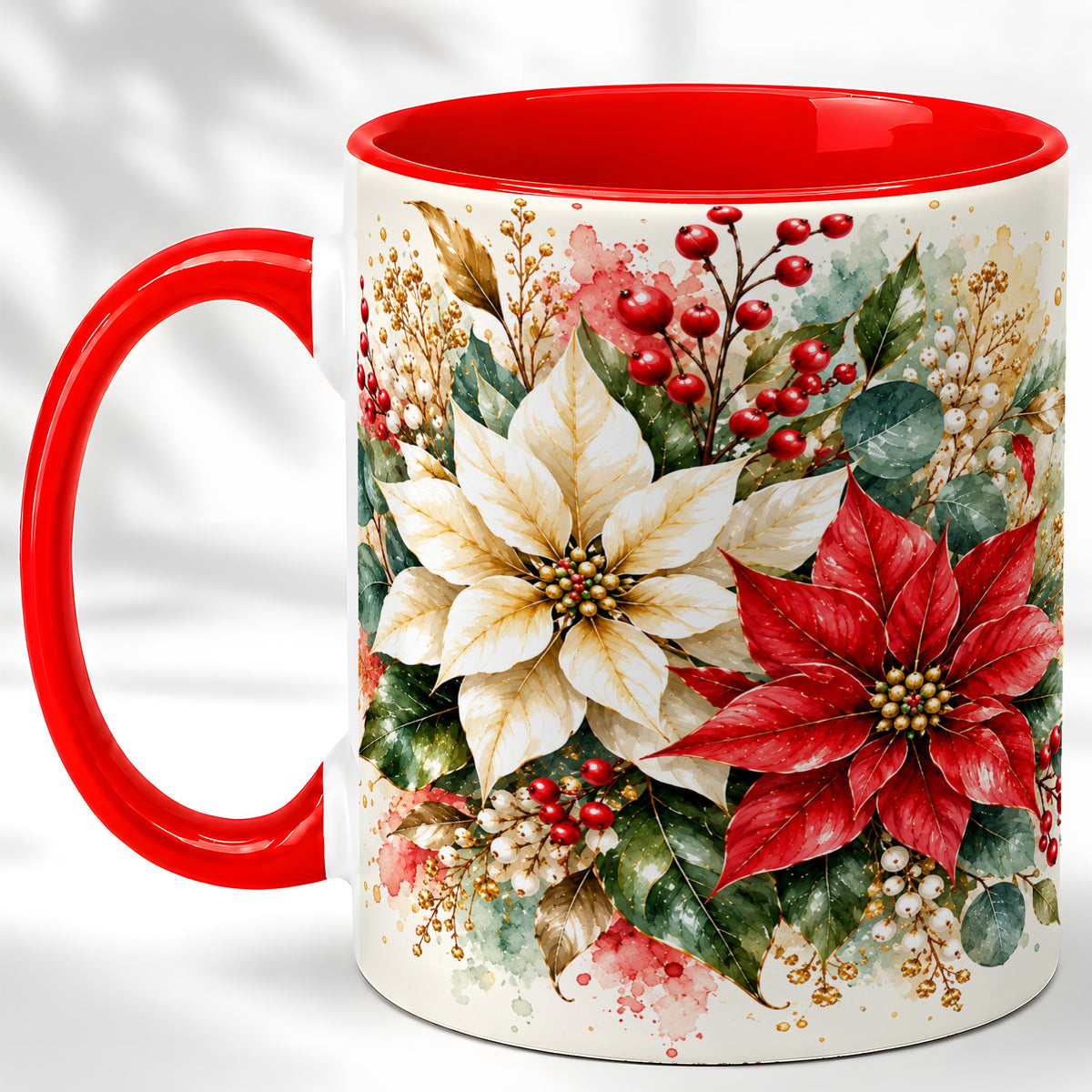 Christmas Poinsettia Coffee Mug, Watercolor Floral Mug, Ceramic Cup