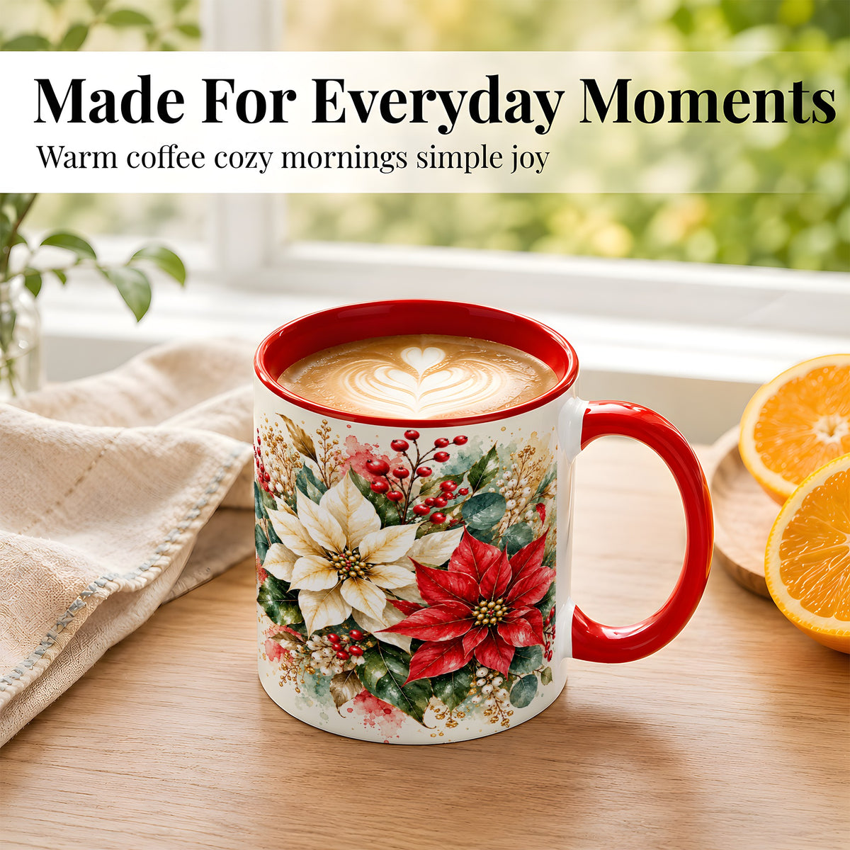 #pl[11oz|Red] Christmas Poinsettia Coffee Mug, Watercolor Floral Mug, Ceramic Cup