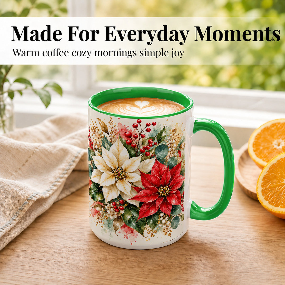 #pl[15oz|Green] Christmas Poinsettia Coffee Mug, Watercolor Floral Mug, Ceramic Cup