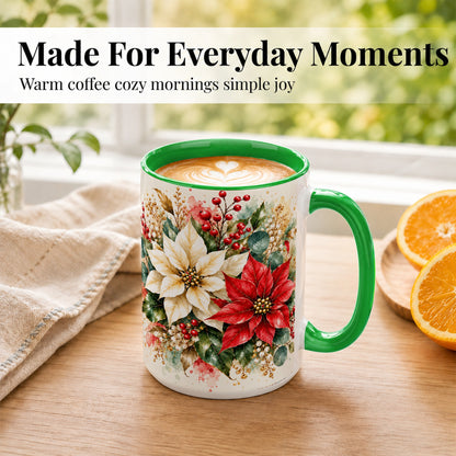 #pl[15oz|Green] Christmas Poinsettia Coffee Mug, Watercolor Floral Mug, Ceramic Cup