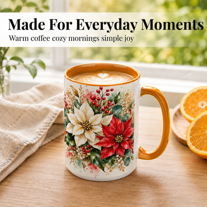 #pl[15oz|Orange] Christmas Poinsettia Coffee Mug, Watercolor Floral Mug, Ceramic Cup