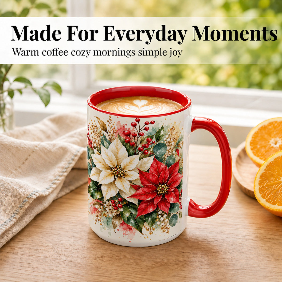 #pl[15oz|Red] Christmas Poinsettia Coffee Mug, Watercolor Floral Mug, Ceramic Cup