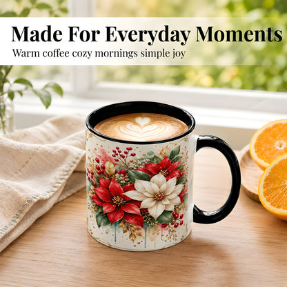 #pl[11oz|Black] Christmas Poinsettia Coffee Mug, Vintage Floral Mug, Ceramic Cup