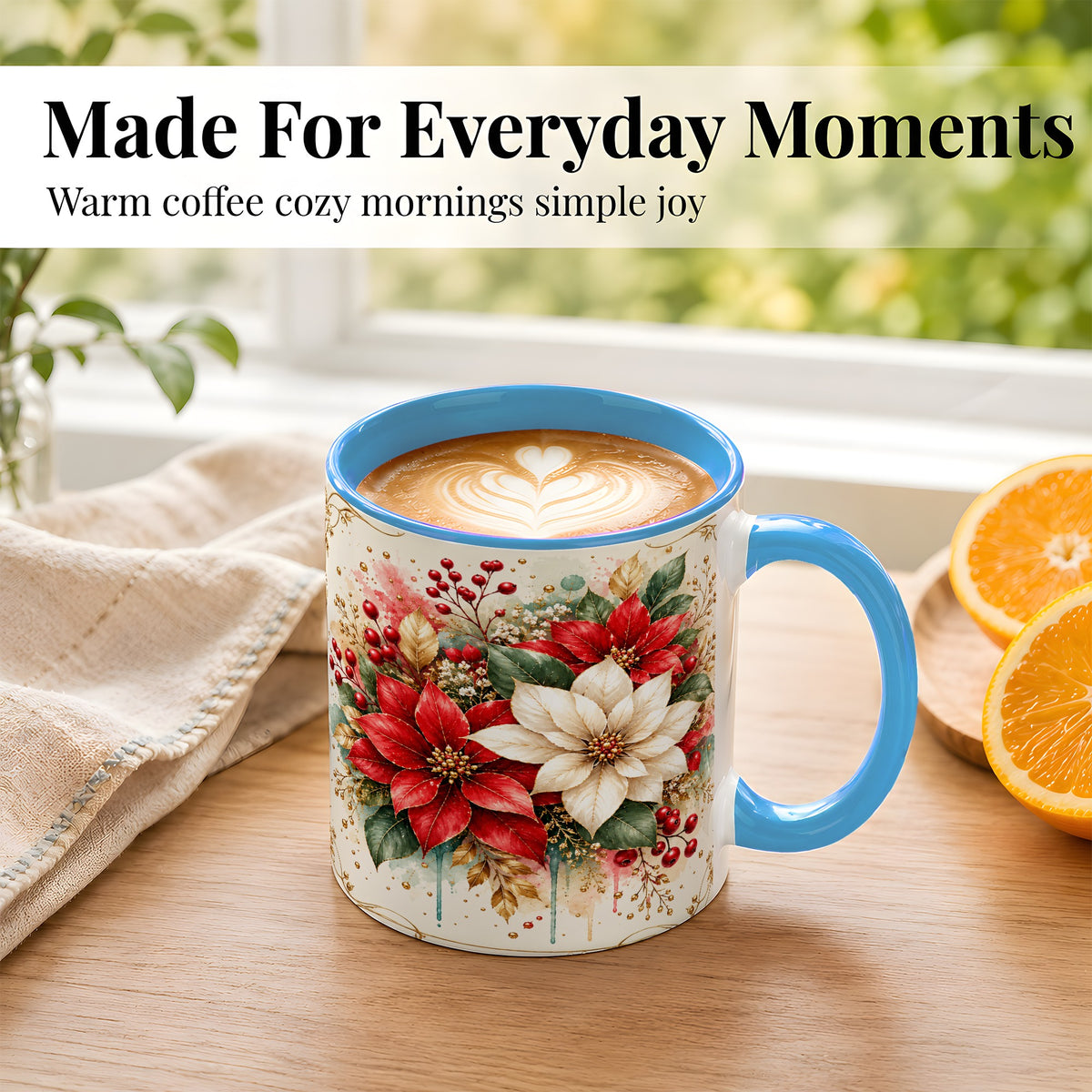 #pl[11oz|Blue] Christmas Poinsettia Coffee Mug, Vintage Floral Mug, Ceramic Cup