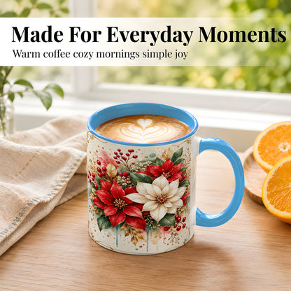 #pl[11oz|Blue] Christmas Poinsettia Coffee Mug, Vintage Floral Mug, Ceramic Cup