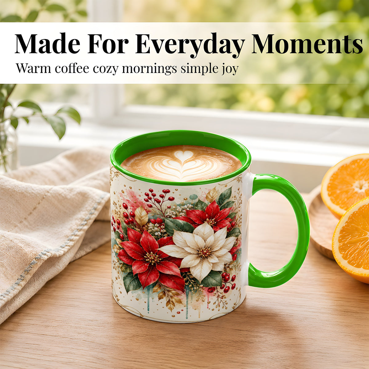 #pl[11oz|Green] Christmas Poinsettia Coffee Mug, Vintage Floral Mug, Ceramic Cup