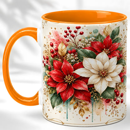 #pl[11oz|Orange] Christmas Poinsettia Coffee Mug, Vintage Floral Mug, Ceramic Cup