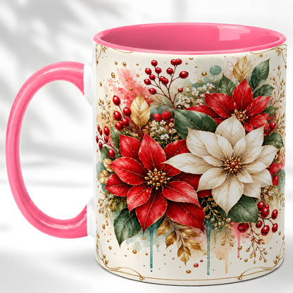 #pl[11oz|Pink] Christmas Poinsettia Coffee Mug, Vintage Floral Mug, Ceramic Cup