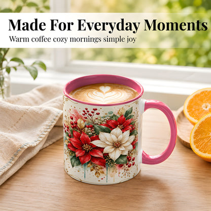 #pl[11oz|Pink] Christmas Poinsettia Coffee Mug, Vintage Floral Mug, Ceramic Cup