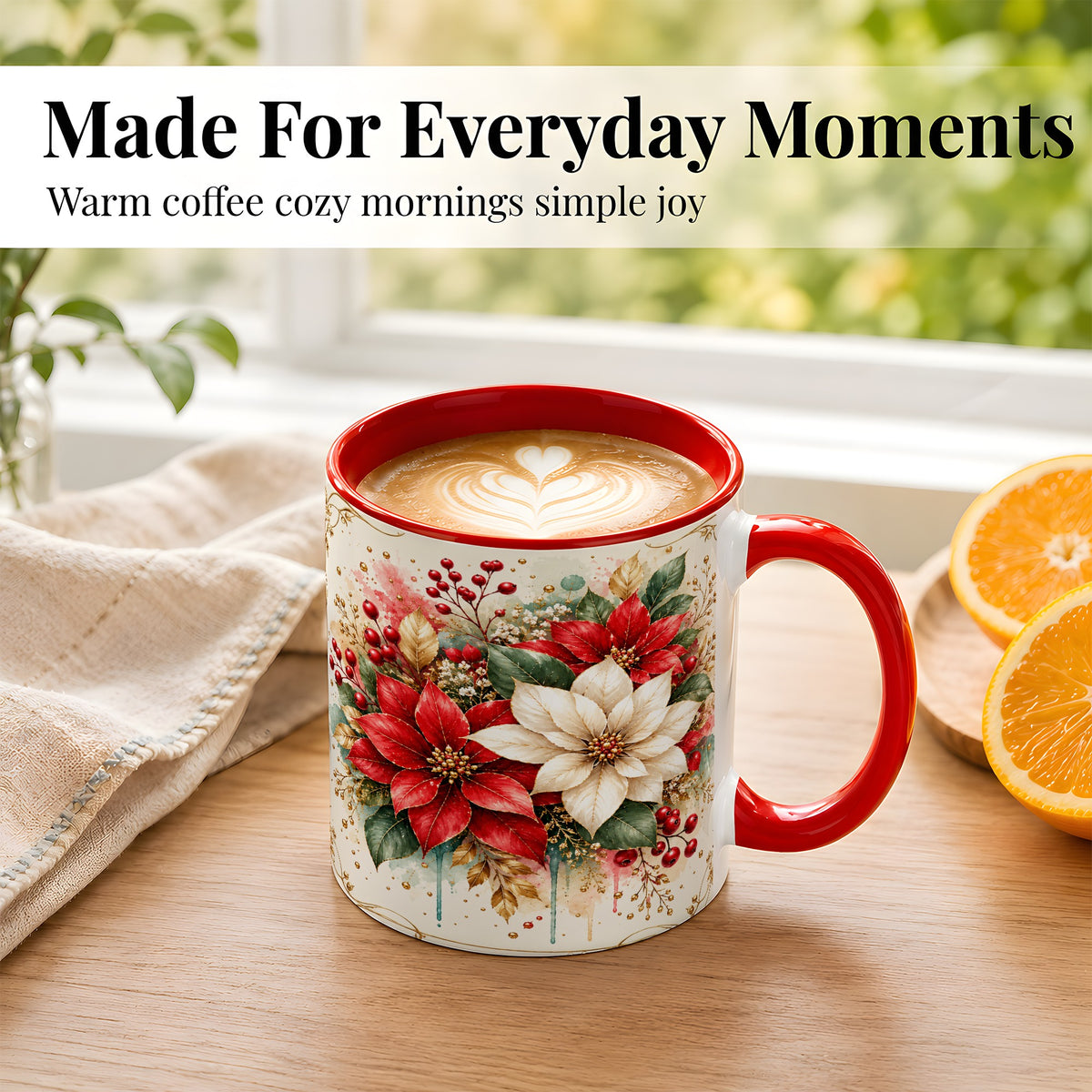 #pl[11oz|Red] Christmas Poinsettia Coffee Mug, Vintage Floral Mug, Ceramic Cup