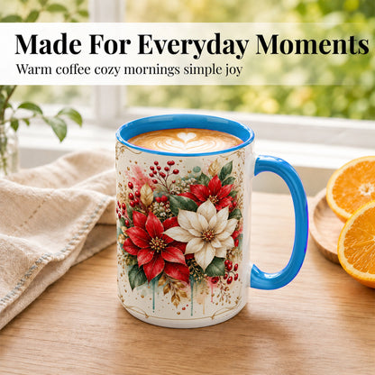 #pl[15oz|Blue] Christmas Poinsettia Coffee Mug, Vintage Floral Mug, Ceramic Cup