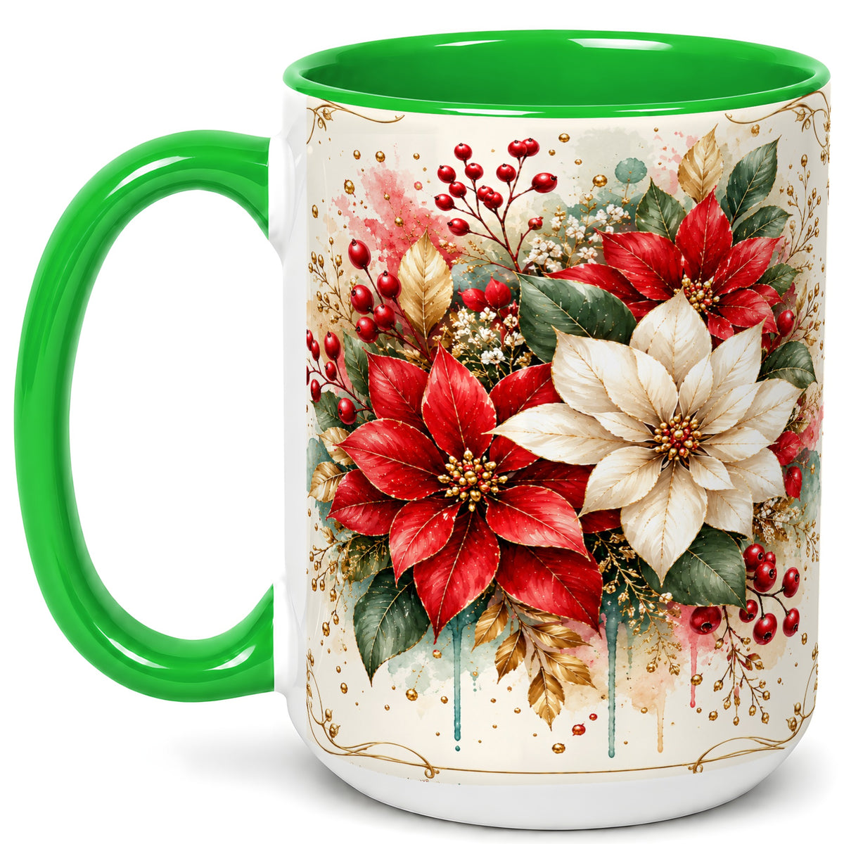 #pl[15oz|Green] Christmas Poinsettia Coffee Mug, Vintage Floral Mug, Ceramic Cup