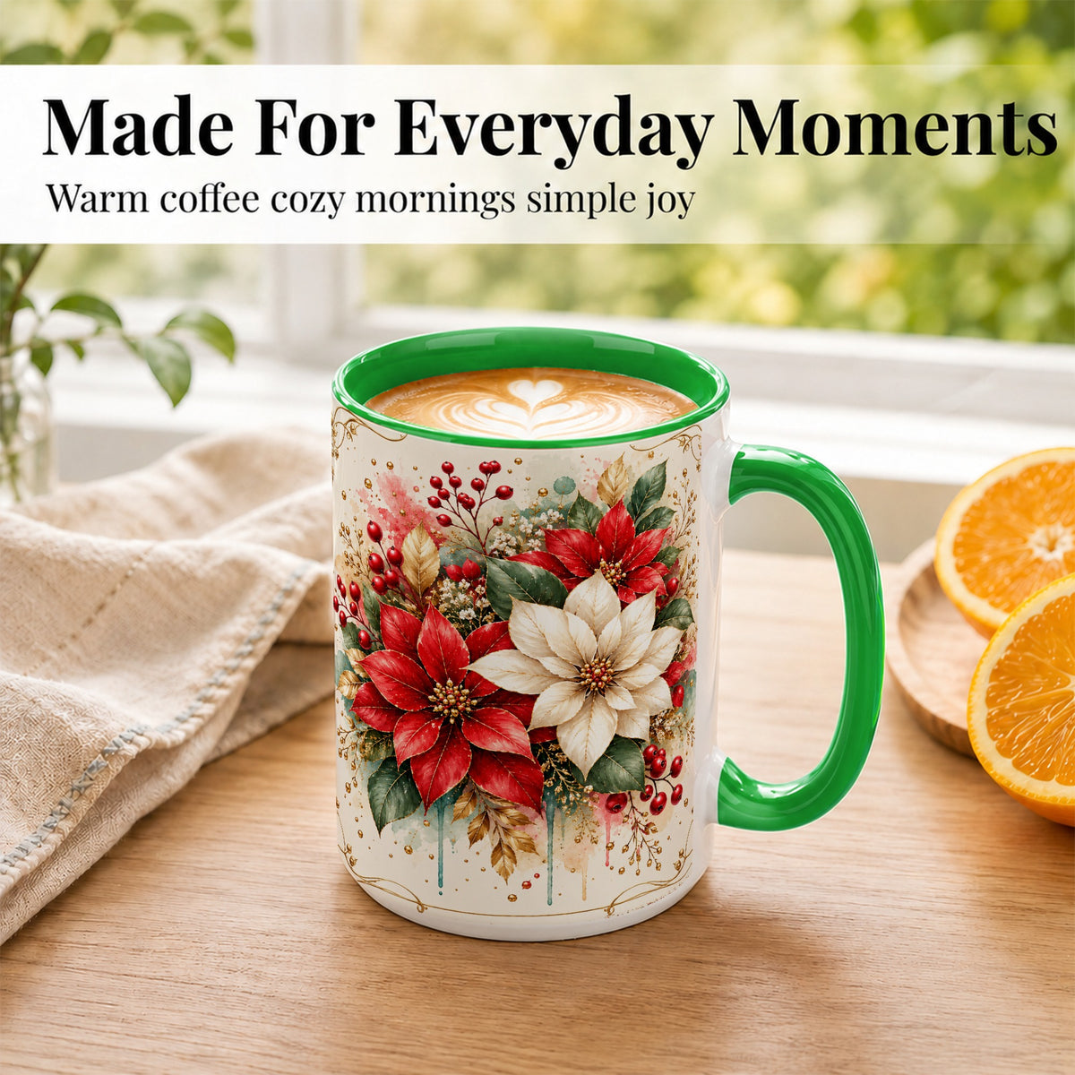 #pl[15oz|Green] Christmas Poinsettia Coffee Mug, Vintage Floral Mug, Ceramic Cup