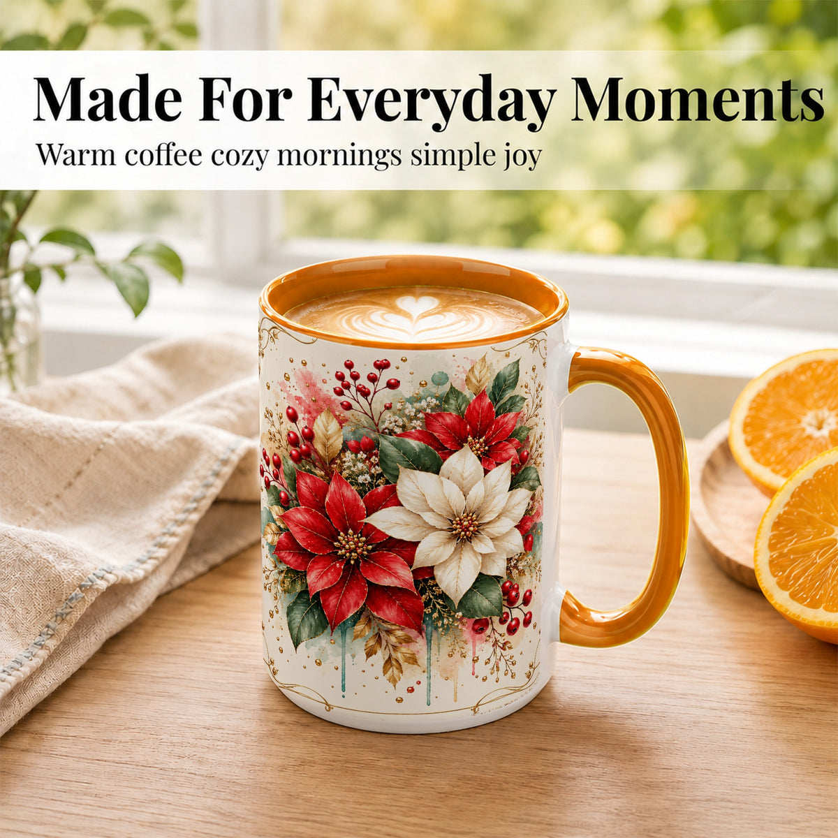 #pl[15oz|Orange] Christmas Poinsettia Coffee Mug, Vintage Floral Mug, Ceramic Cup
