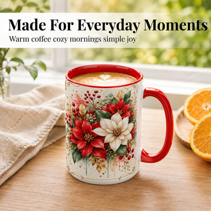 #pl[15oz|Red] Christmas Poinsettia Coffee Mug, Vintage Floral Mug, Ceramic Cup