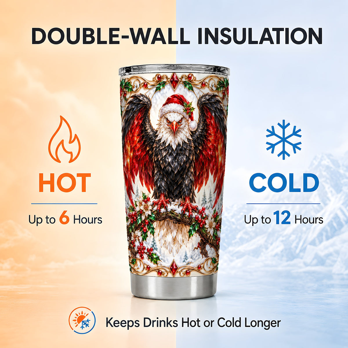 Christmas Eagle Tumbler 20oz, Bald Eagle Stainless Steel Travel Cup