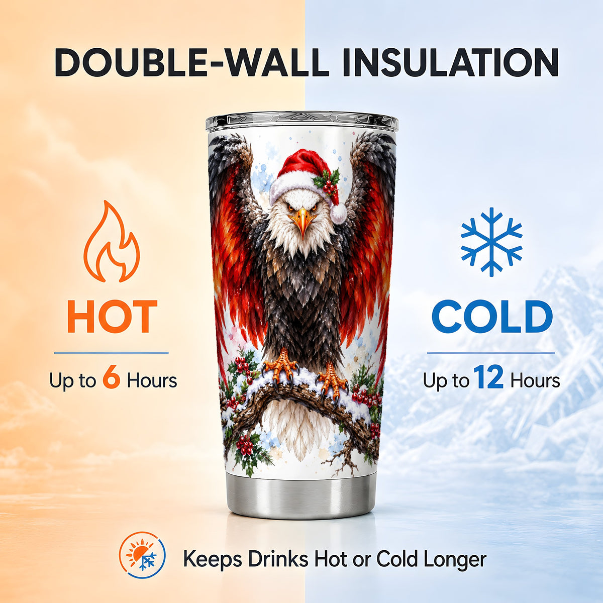 Christmas Eagle Tumbler 20oz, Watercolor Stainless Steel Travel Cup