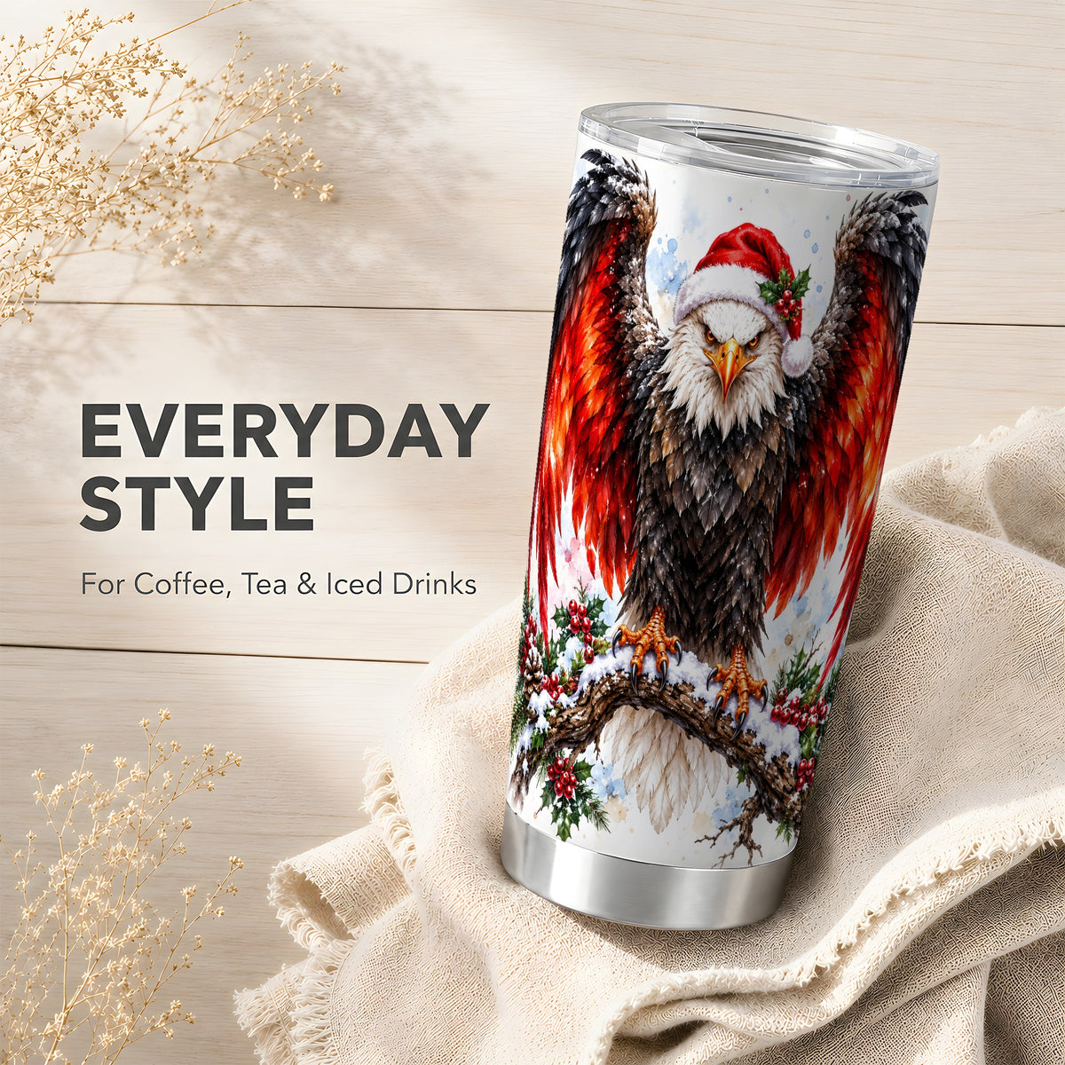 Christmas Eagle Tumbler 20oz, Watercolor Stainless Steel Travel Cup