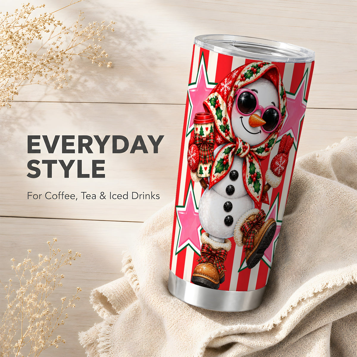 Cute Snowman Tumbler 20oz, Retro Christmas Stainless Steel Travel Cup