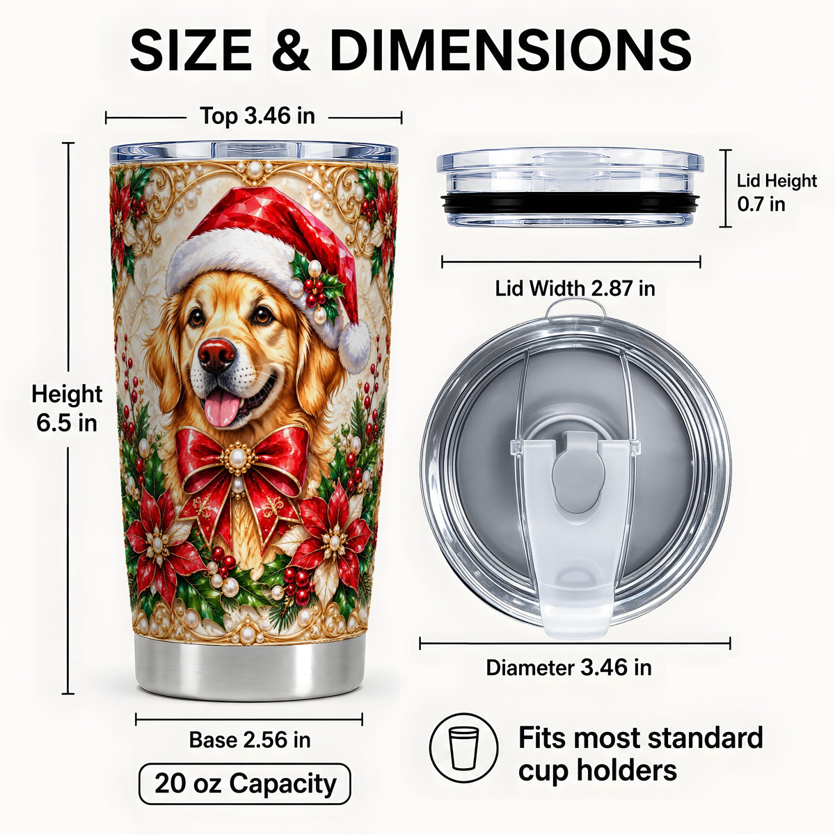 #pl[20oz|Steel] Christmas Golden Retriever Tumbler 20oz, Santa Dog Stainless Steel Travel Cup