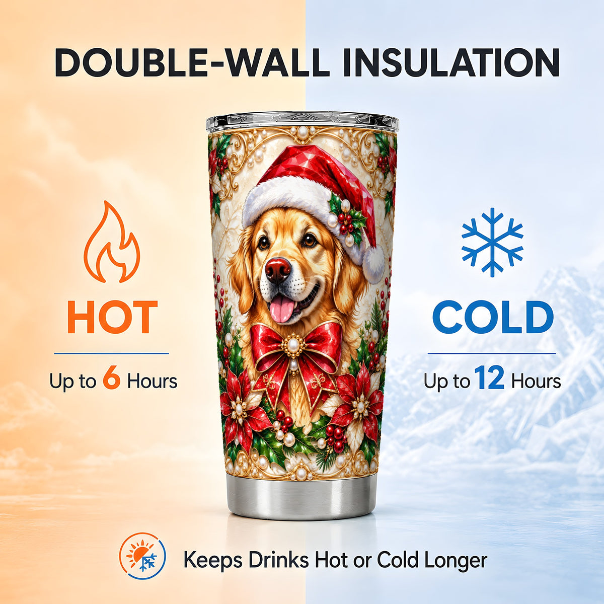 Christmas Golden Retriever Tumbler 20oz, Santa Dog Stainless Steel Travel Cup