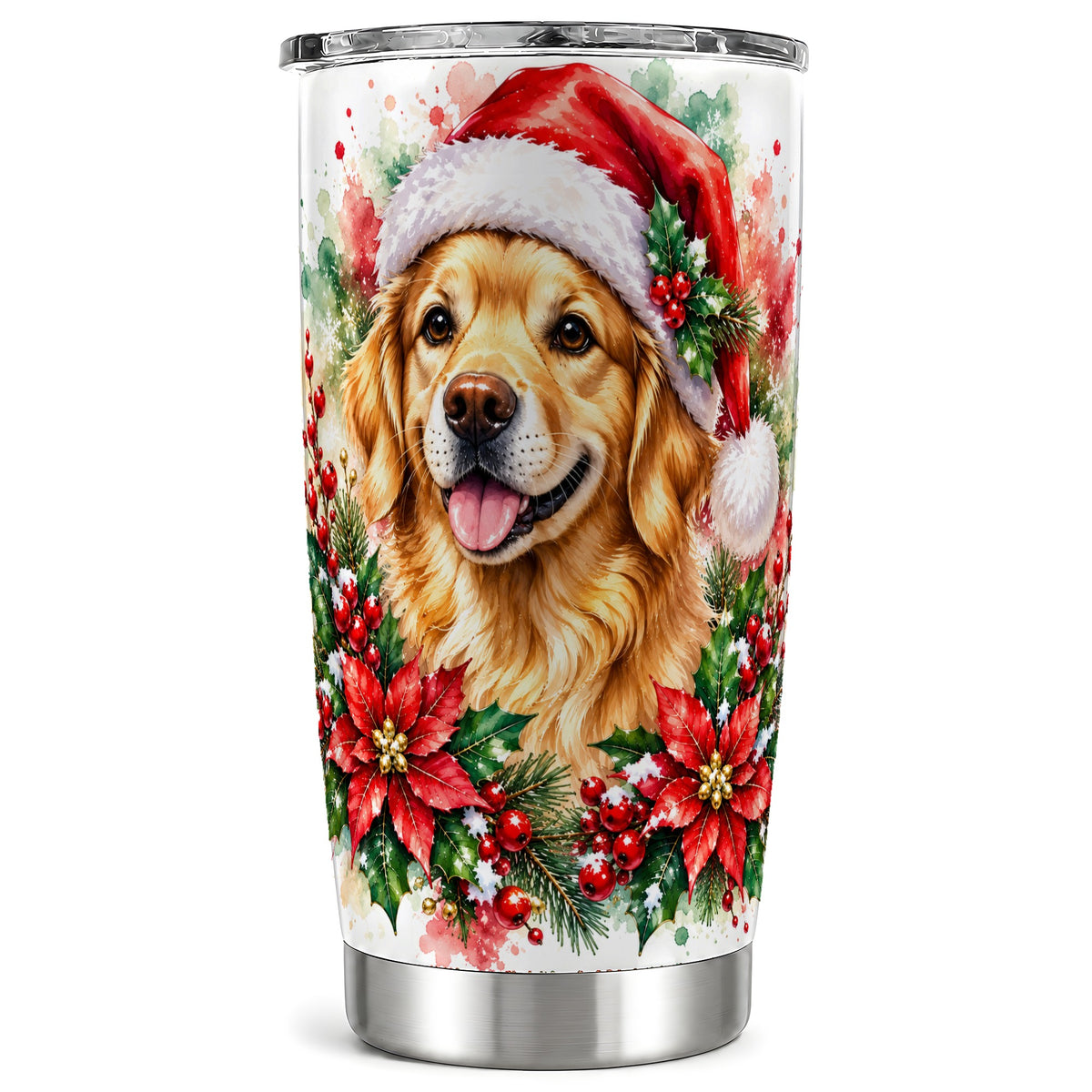 Watercolor Golden Retriever Tumbler 20oz, Christmas Stainless Steel Travel Cup