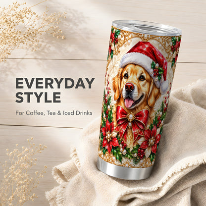 Christmas Golden Retriever Tumbler 20oz, Santa Dog Stainless Steel Travel Cup