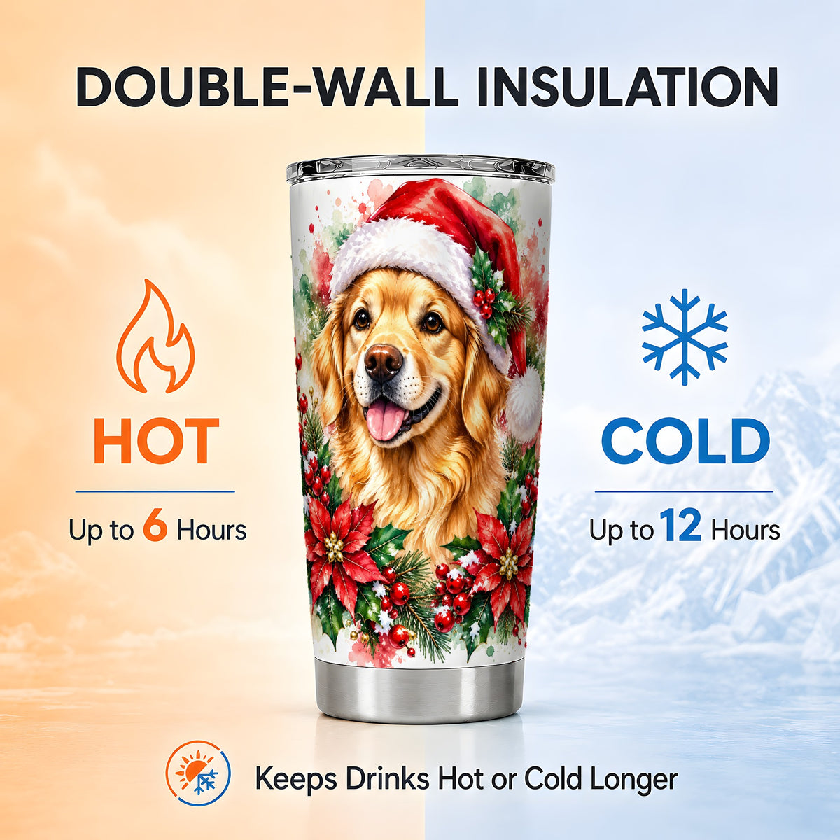 Watercolor Golden Retriever Tumbler 20oz, Christmas Stainless Steel Travel Cup