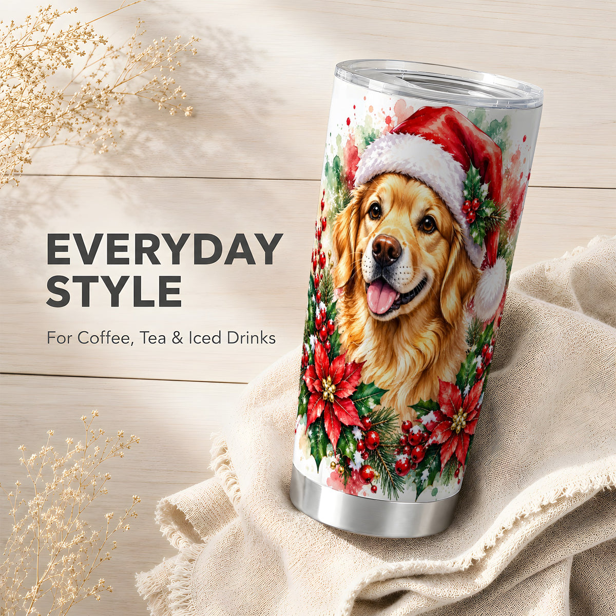 Watercolor Golden Retriever Tumbler 20oz, Christmas Stainless Steel Travel Cup